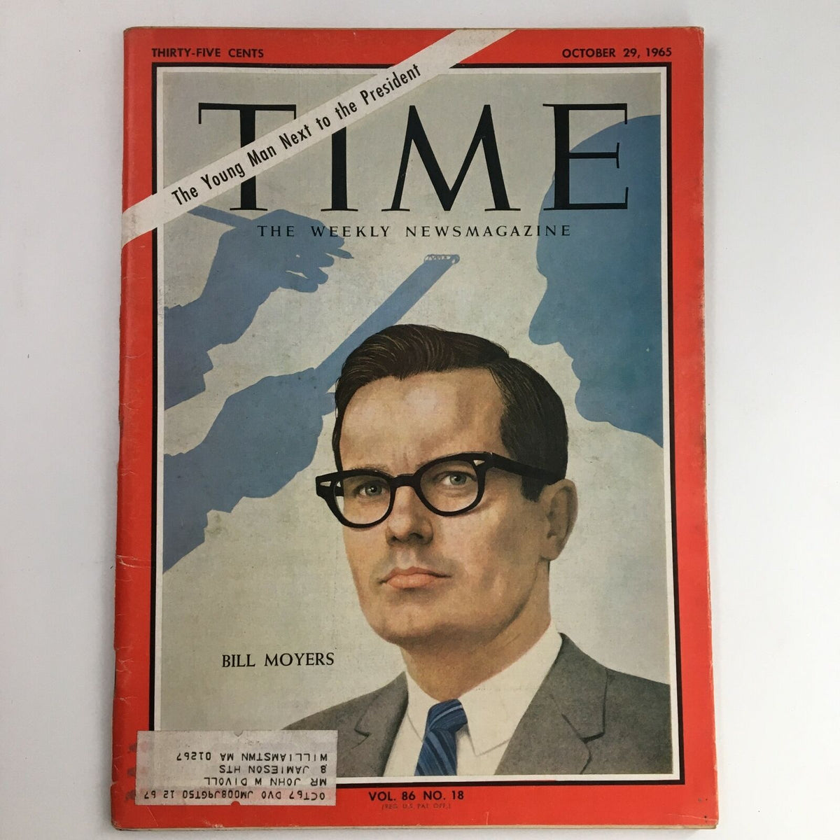 Time Magazine October 29 1965 Vol 86 #18 featuring Bill D. Moyers on the cover, showcasing a vintage illustration with political themes from the 1960s.