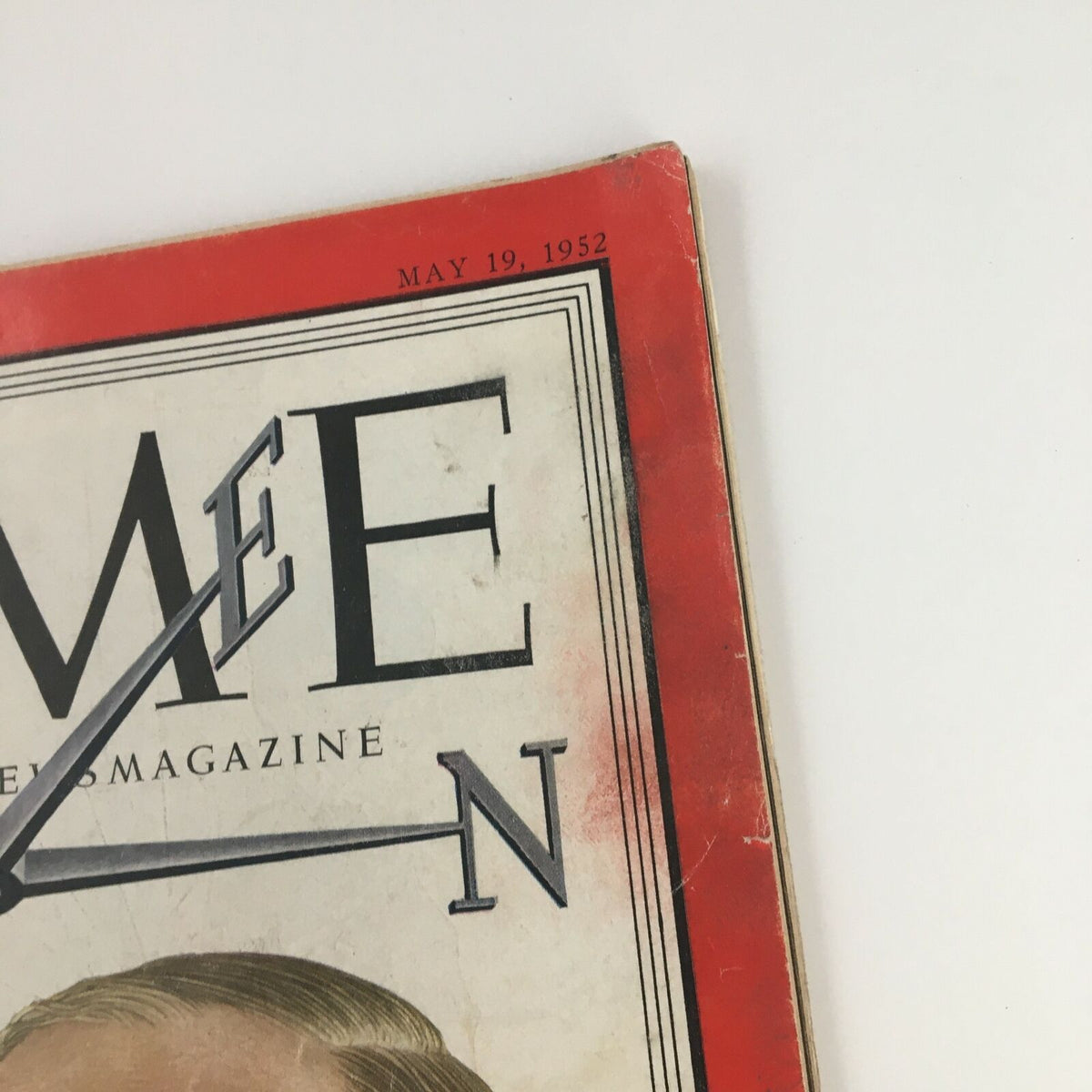 Close-up of the vintage Time Magazine cover dated May 19, 1952, showcasing Candidate Richard Russell Jr. The image captures details of the magazine's corner and title, emphasizing its collectible value.