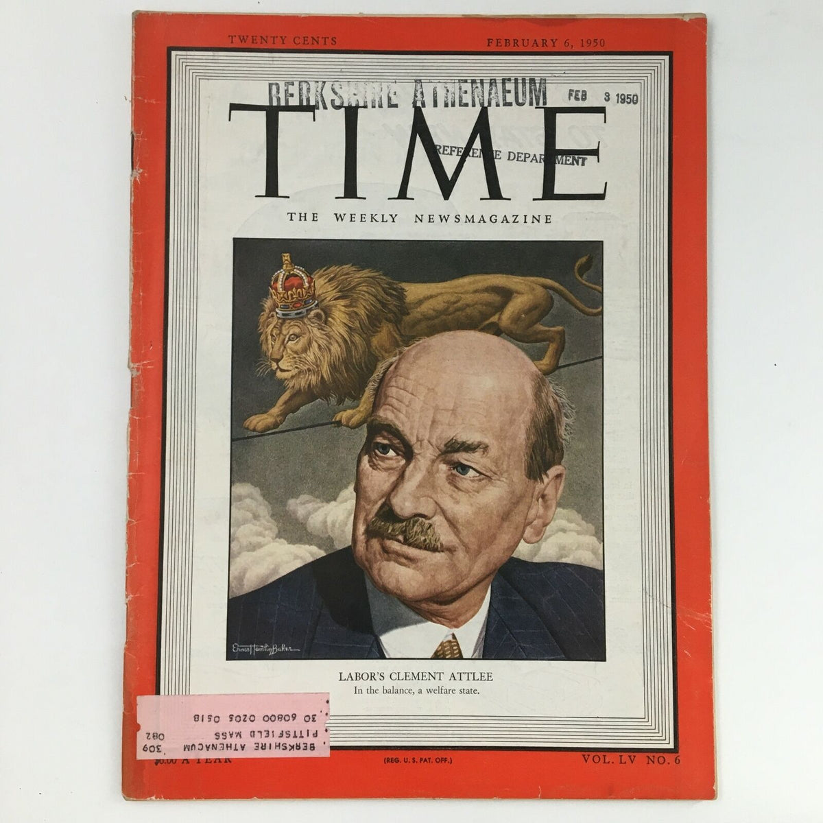 Time Magazine February 6 1950, Volume 55, Issue 6 featuring Prime Minister Clement Attlee on the cover, highlighting post-war political themes with an illustrated lion backdrop.