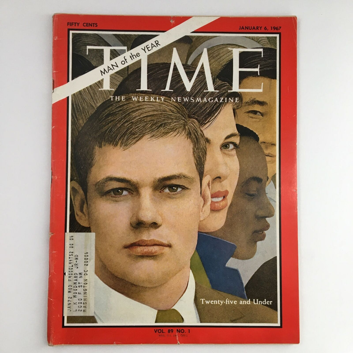 Time Magazine January 6 1967 Vol. 89 No. 1 featuring Robert Vickrey as Man of the Year, showcasing portraits of diverse young people, with a red border and prominent title.
