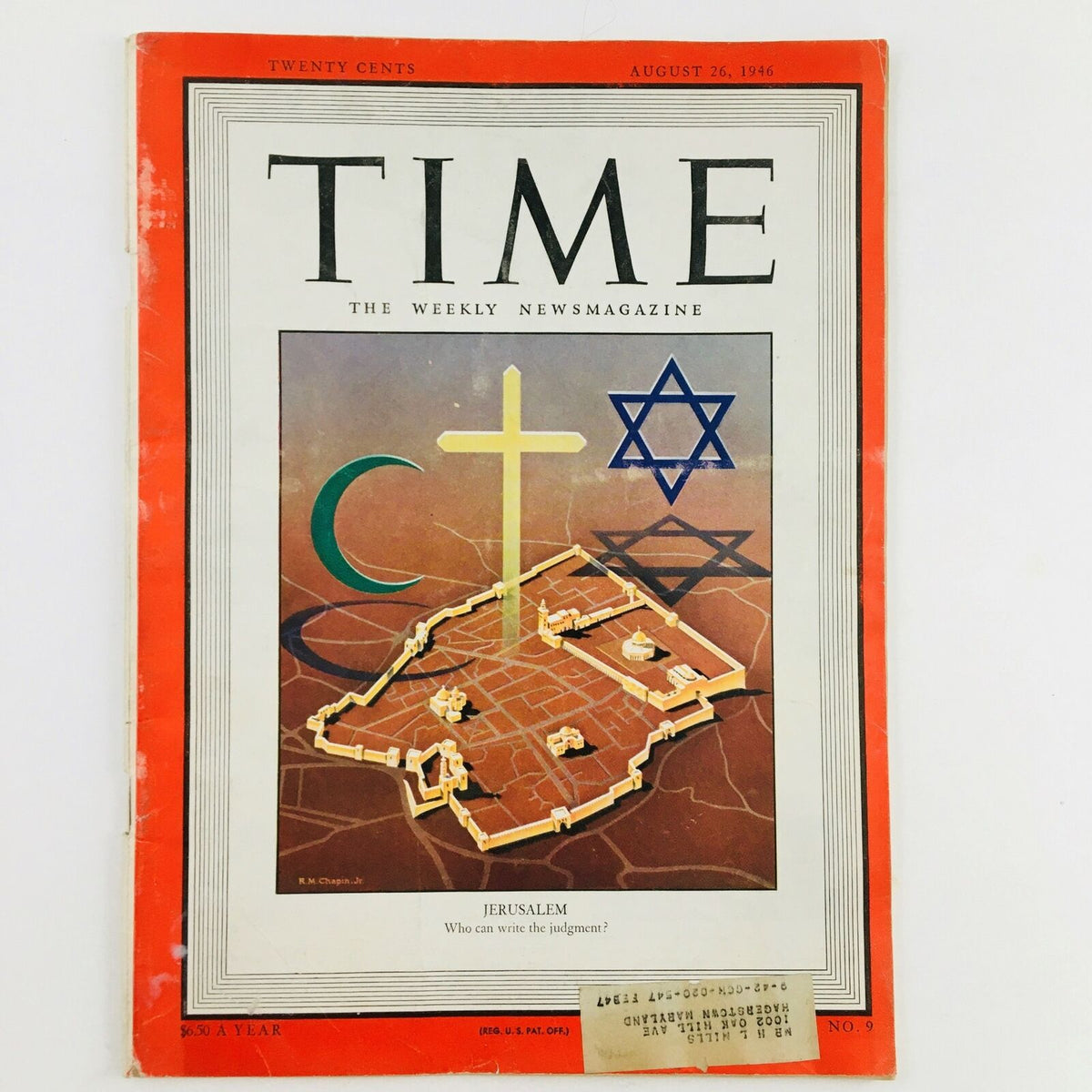 Vintage Time Magazine cover from August 26, 1946, Volume 48, Number 9, featuring the title 'Jerusalem: Who Can Write Judgement.' The cover showcases a symbolic representation of the religious elements of the city, including a cross, Star of David, and crescent moon.