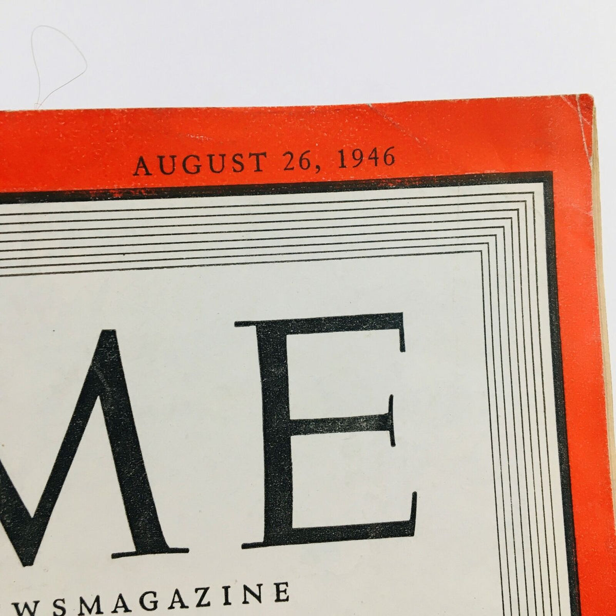 Close-up view of the top section of the VTG Time Magazine dated August 26, 1946, showcasing the date and magazine title 'TIME', important for collectors and history enthusiasts.