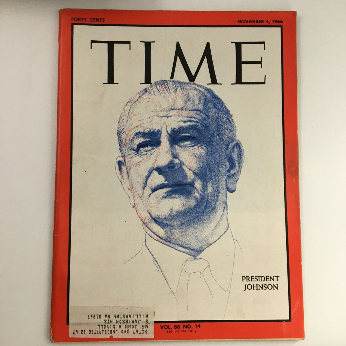 Time Magazine cover from November 4, 1966, featuring President Lyndon Johnson, Volume 88, Number 19, showcasing a detailed illustration of the American president.