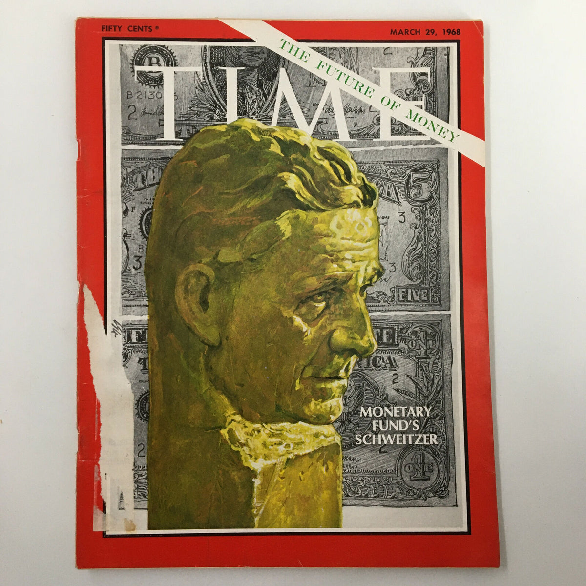 Cover of VTG Time Magazine March 29 1968 featuring Pierre-Paul Schweitzer, highlighting the theme 'The Future of Money' with a visual representation of the monetary funds concept.