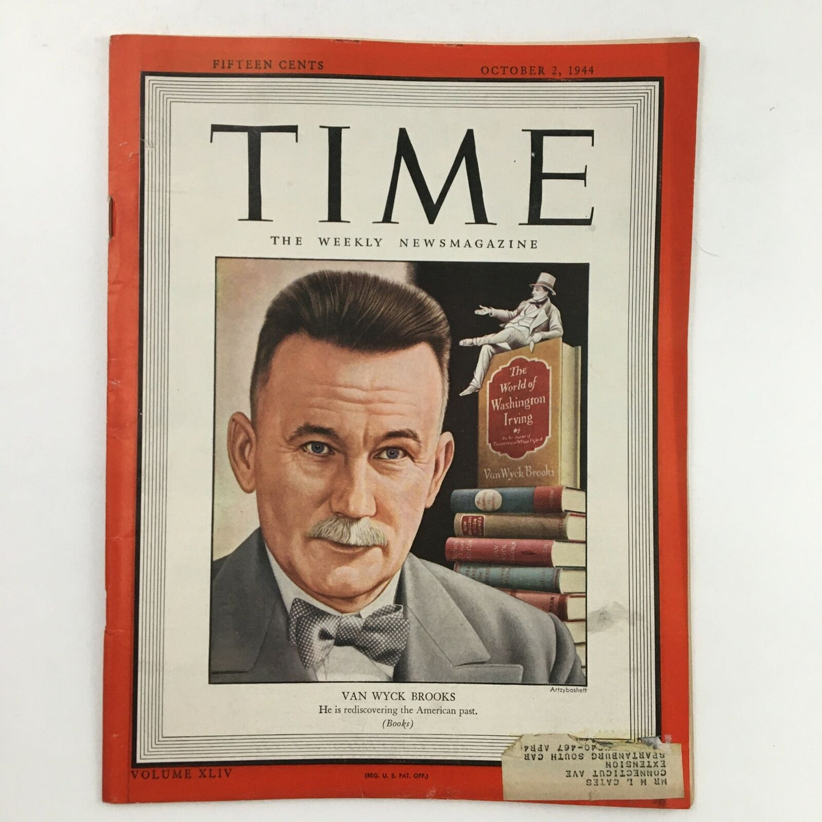 Time Magazine October 2, 1944 Vol. 44 No. 14 featuring Van Wyck Brooks on the cover, highlighting his article 'Rediscovering the Past'. The cover showcases a portrait of Van Wyck Brooks and includes details about his literary contributions.