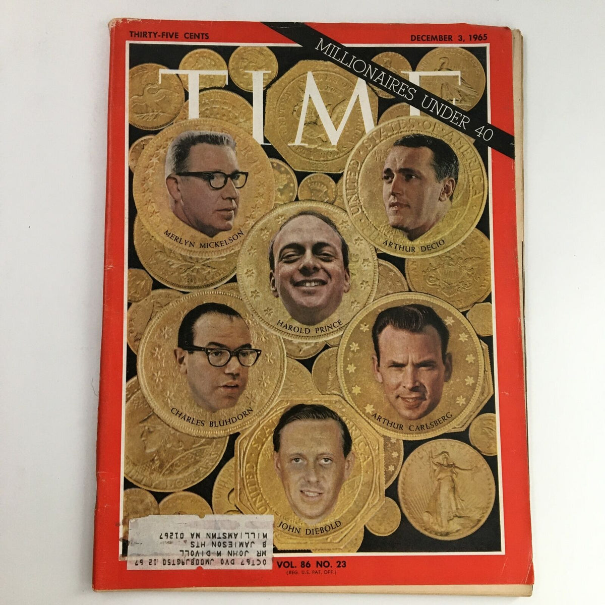 Cover of Time Magazine from December 3, 1965, featuring profiles of Merlyn Mickelson, Harold Prince, and other prominent figures, showcasing the theme 'Millionaires Under 40' with a vibrant design highlighting gold coins.