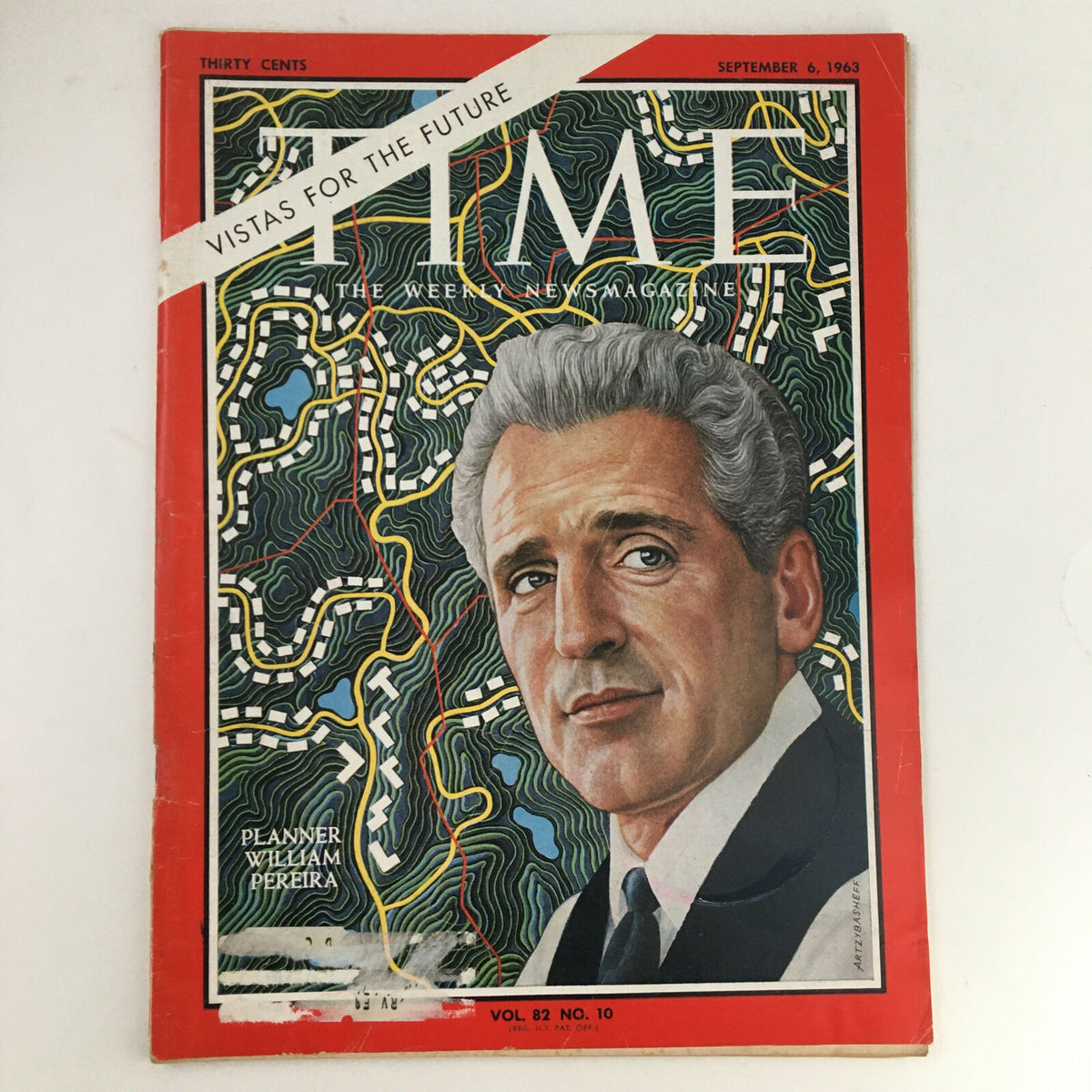 Cover of Time Magazine from September 6, 1963, featuring planner William Pereira, showcasing vibrant abstract artwork with a detailed landscape background.
