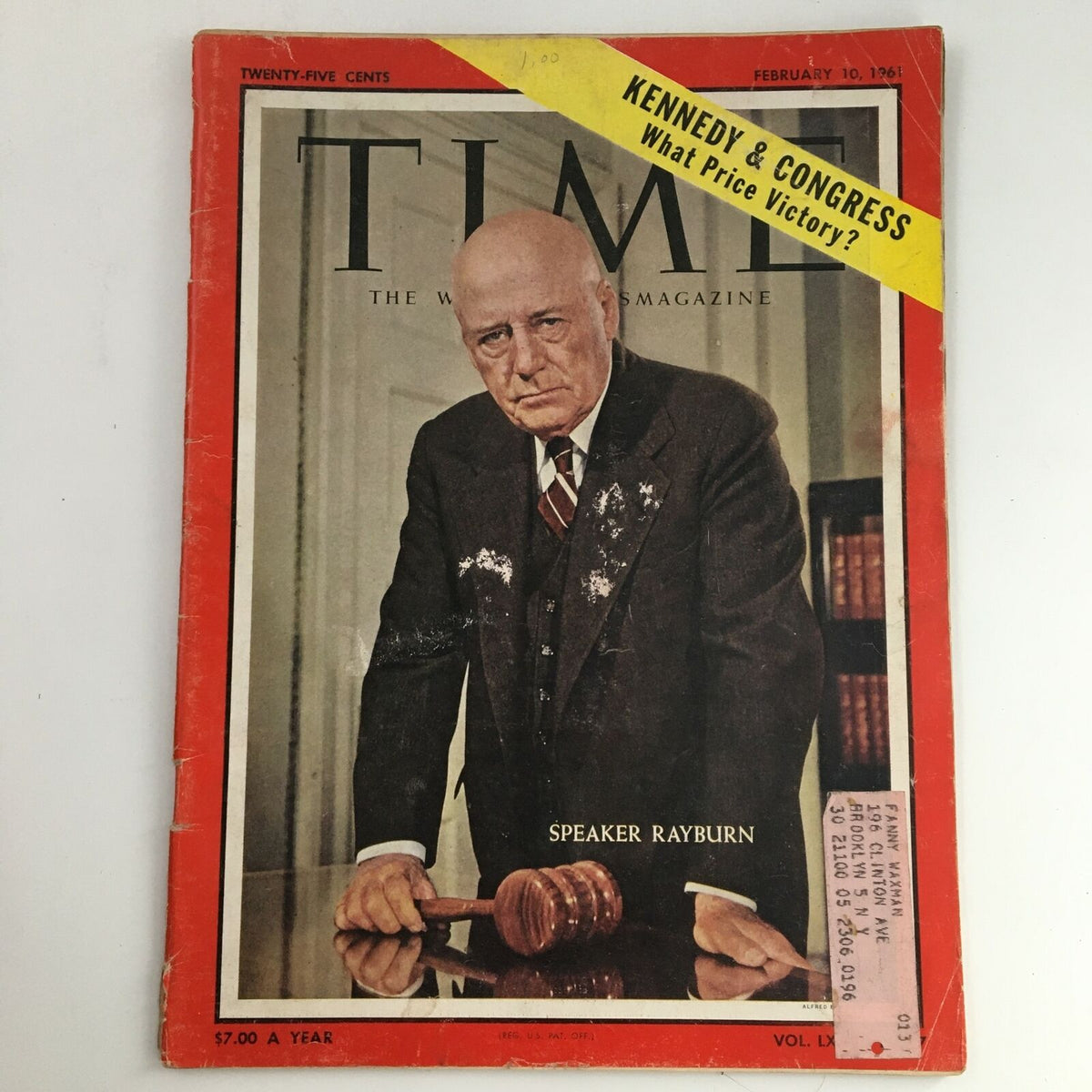 Vintage Time Magazine cover from February 10, 1961, featuring Speaker of the U.S. House Sam Rayburn. The cover highlights key political themes and includes an address label. This collectible issue, Volume 77, Issue 7, is a snapshot of American history.