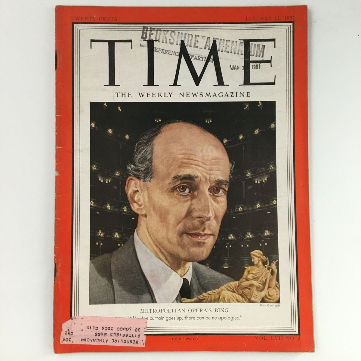 Vintage Time Magazine cover from January 15, 1951, Vol 57 No 3 featuring Opera Impresario Sir Rudolf Bing, KBE, with a striking portrait and cultural theme.