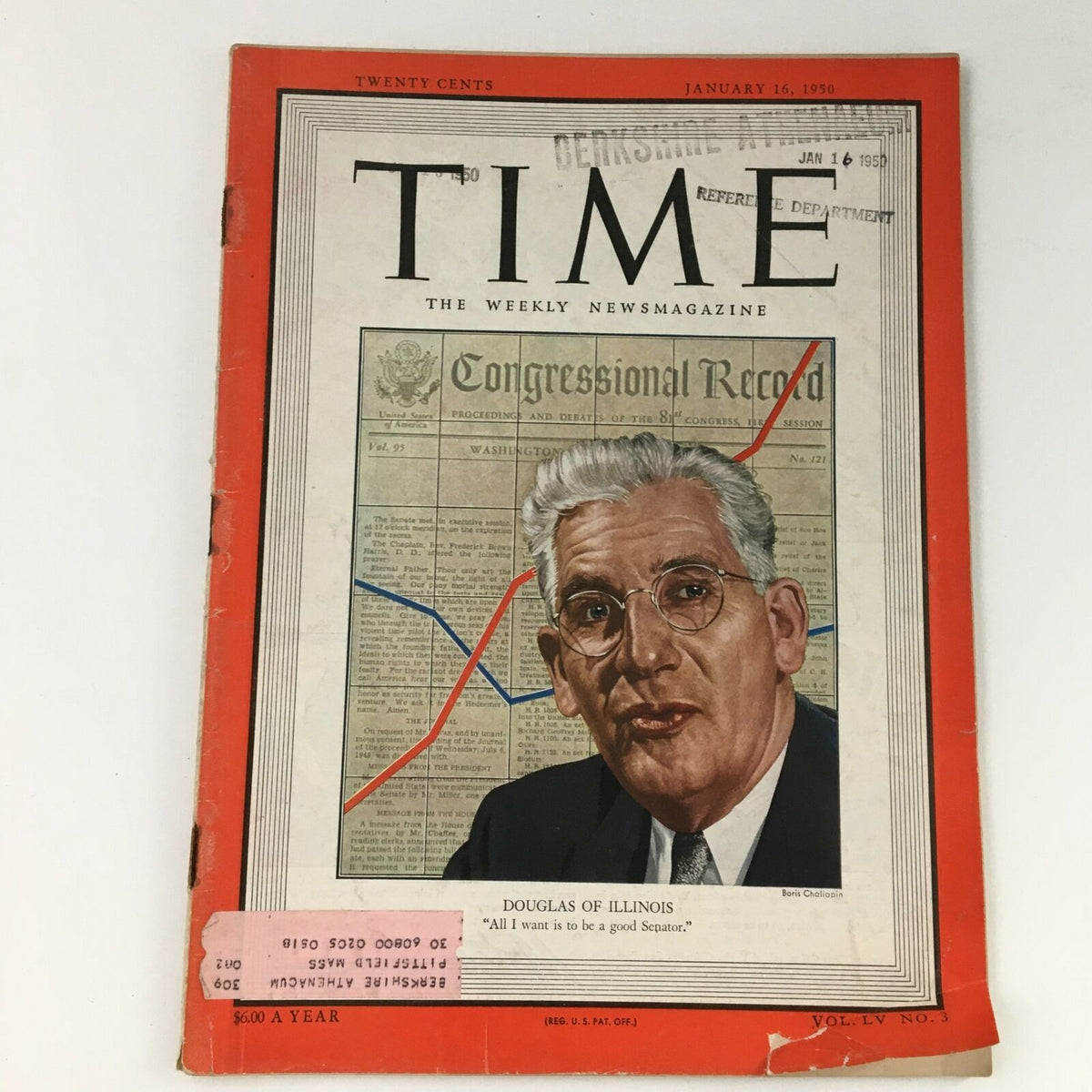 Cover of Time Magazine, January 16, 1950, featuring the portrait of Senator Stephen A. Douglas of Illinois, highlighting political themes from the era with a colorful design and bold title.
