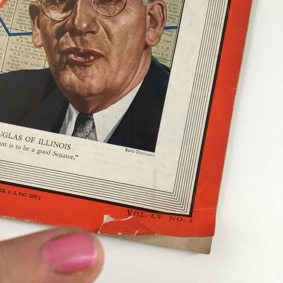 Close-up of the Time Magazine cover, January 16, 1950, showcasing Senator Stephen A. Douglas of Illinois, with a quote and details emphasizing the magazine's historical context in American politics.