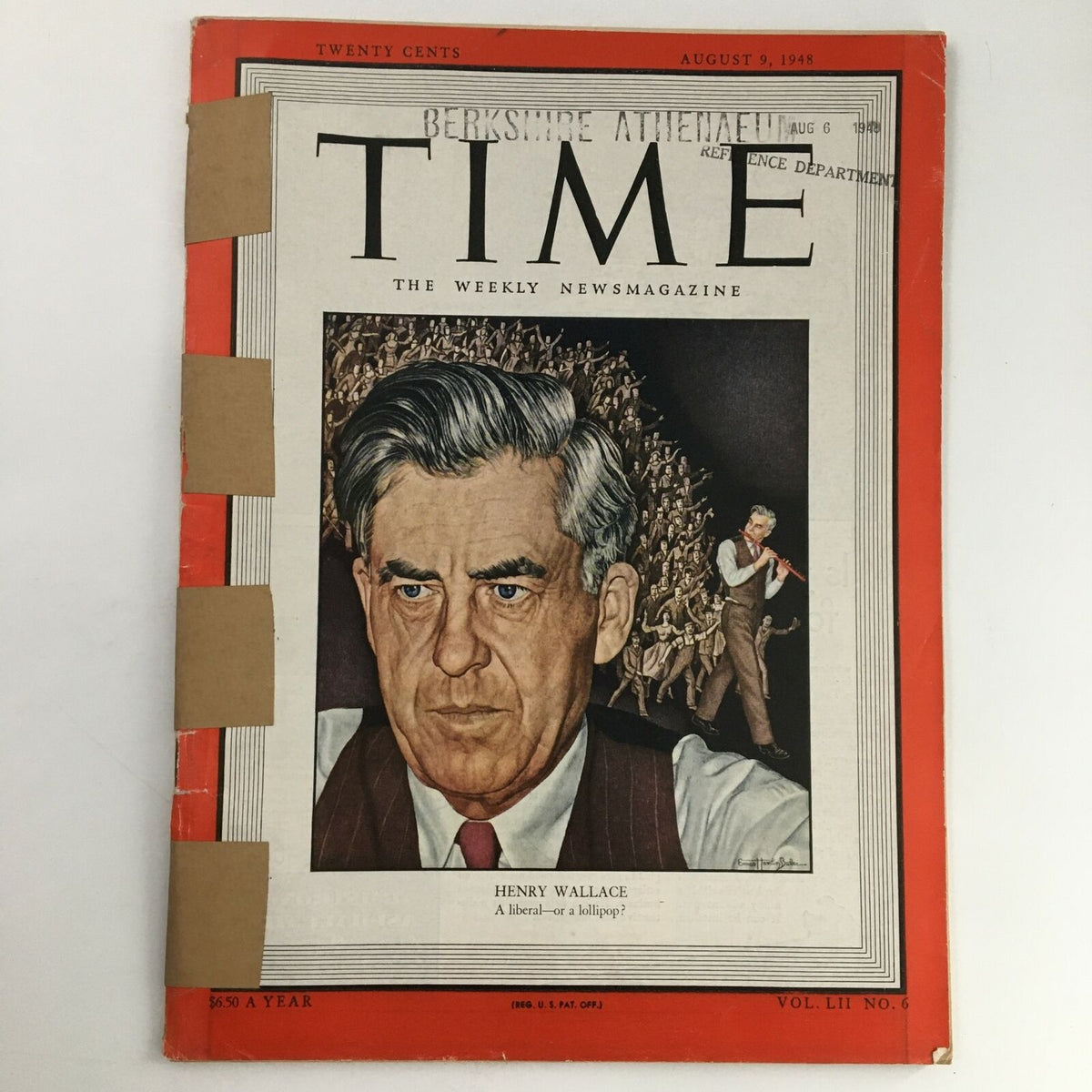 Cover of Time Magazine from August 9, 1948, featuring former Vice President Henry A. Wallace, detailing his political views. Vintage publication with wear, showing historical significance.
