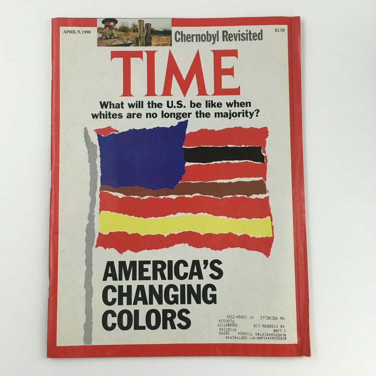 Time Magazine cover from April 9, 1990 featuring the headline 'Chernobyl Revisited & America's Changing Colors'. The cover includes a stylized American flag with colorful stripes and discusses demographic changes in the U.S.