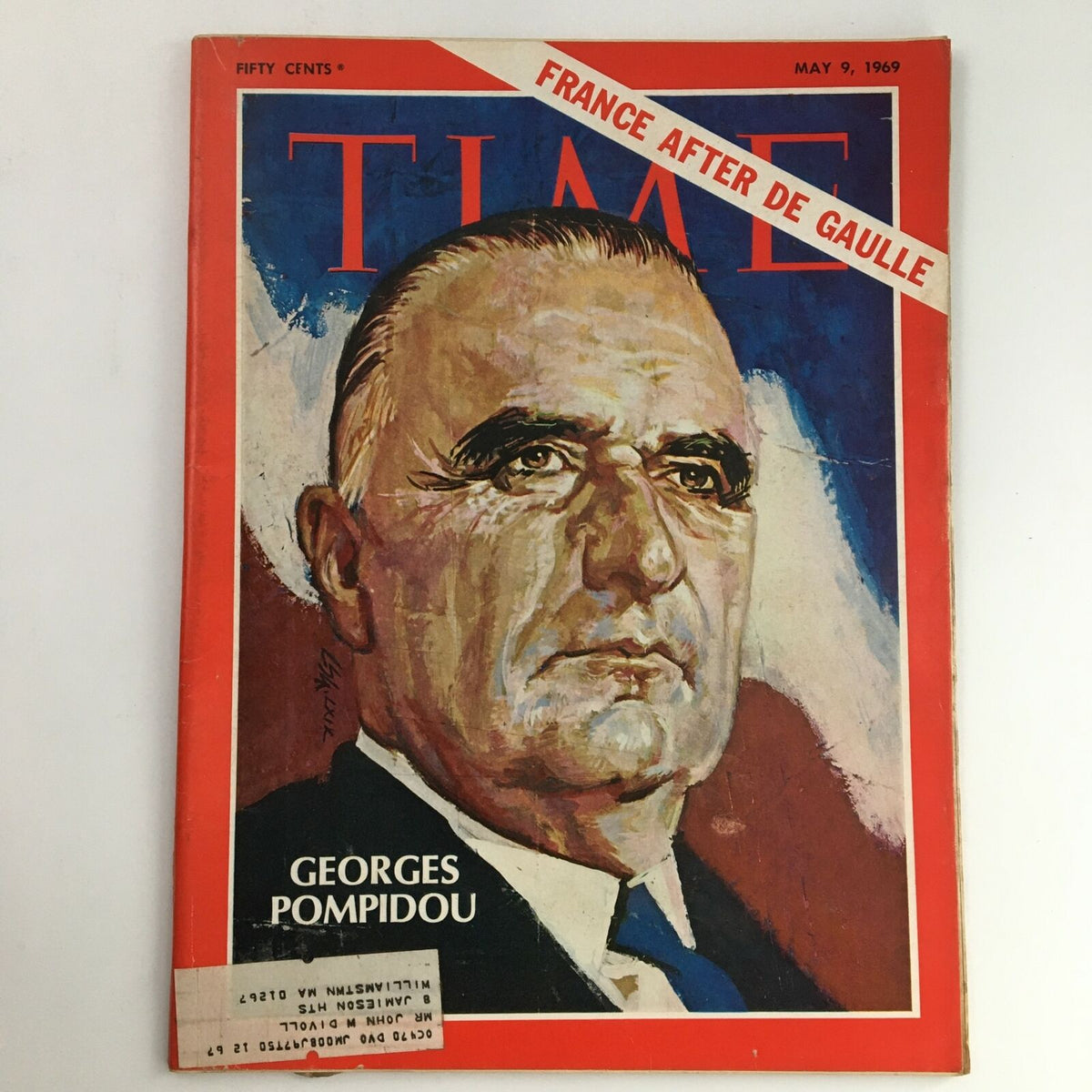 Time Magazine cover from May 9, 1969, featuring a portrait of former French President Georges Pompidou, with the title 'FRANCE AFTER DE GAULLE'. This vintage magazine captures the political climate of the late 1960s.
