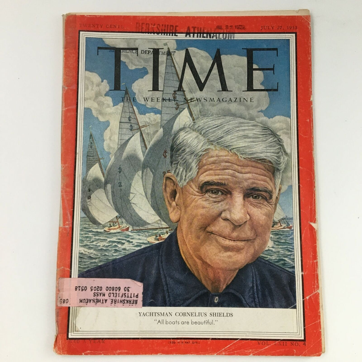 Time Magazine July 27, 1953, featuring yachtsman Cornelius Shields on the cover, showcasing sailing vessels in the background, highlighting the magazine's vintage appeal and maritime themes.