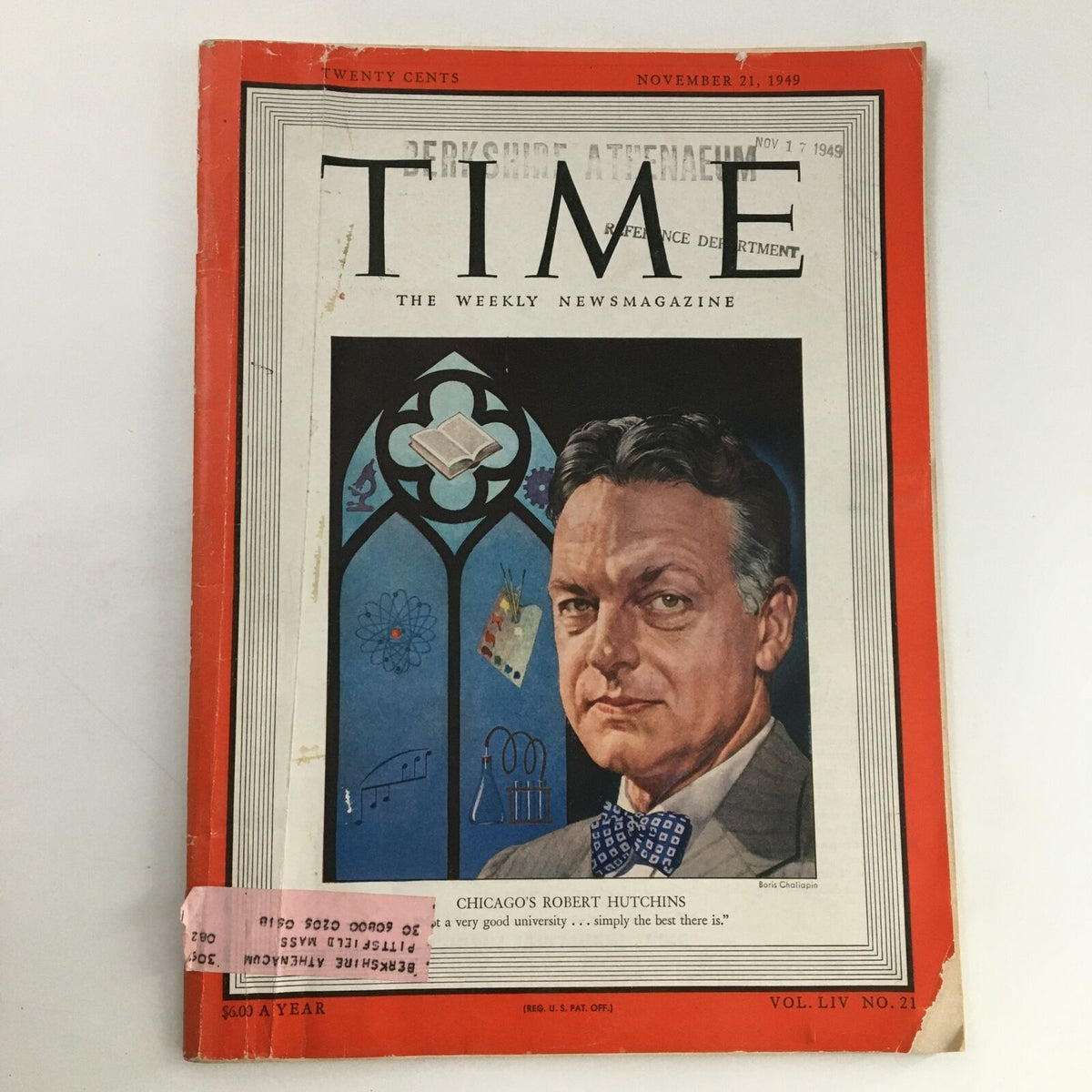 Cover of Time Magazine from November 21, 1949, Volume 54, Issue 21 featuring an illustrated portrait of educator Robert Maynard Hutchins with a red background and text.