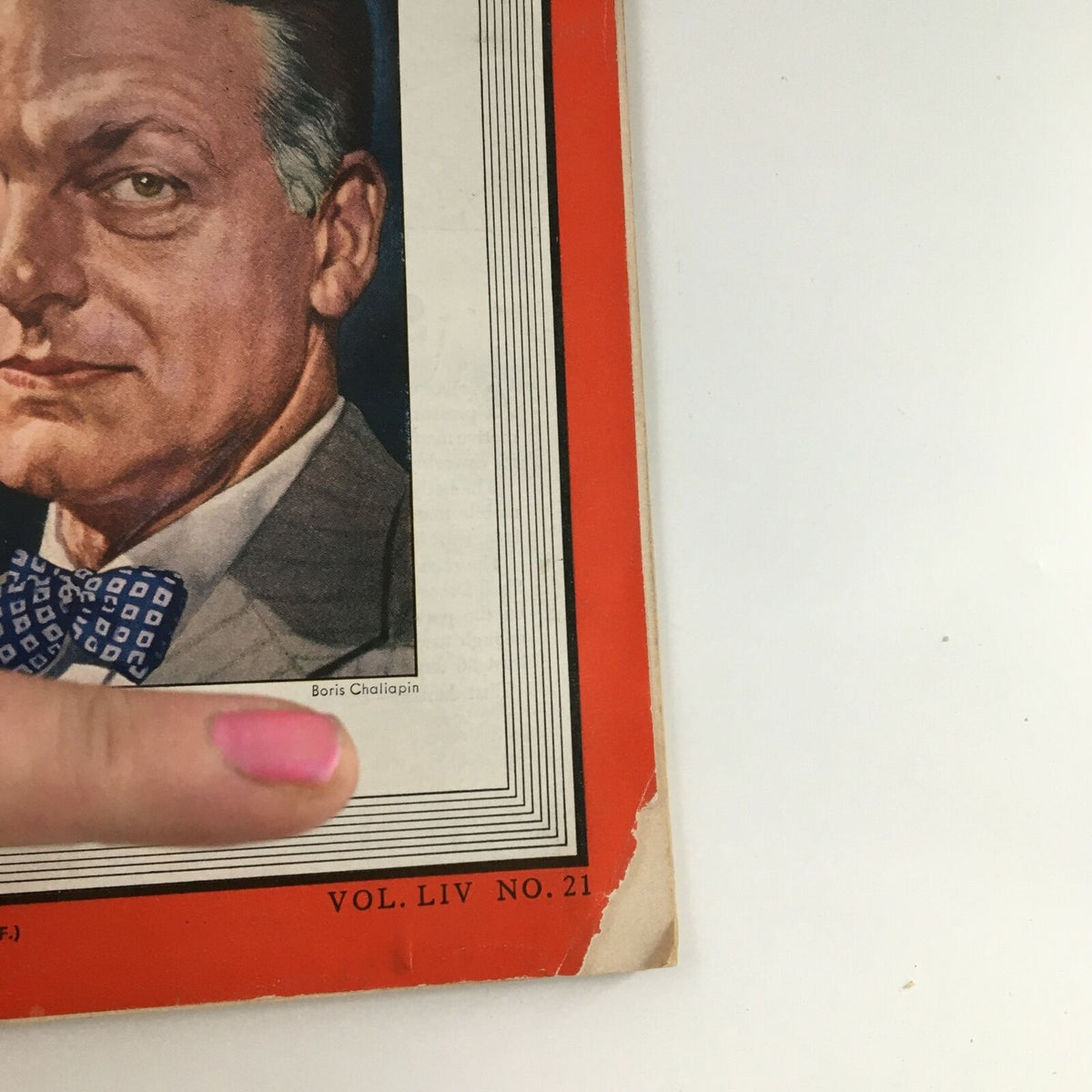 Close-up of the Time Magazine cover from November 21, 1949, showcasing Robert Maynard Hutchins, emphasizing the artist's signature 'Boris Chaliapin' on the illustration.