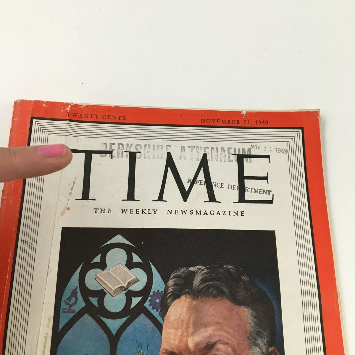 Another angle of the cover of Time Magazine from November 21, 1949, highlighting the title and date, along with the intricate design elements surrounding Robert Maynard Hutchins' portrait.