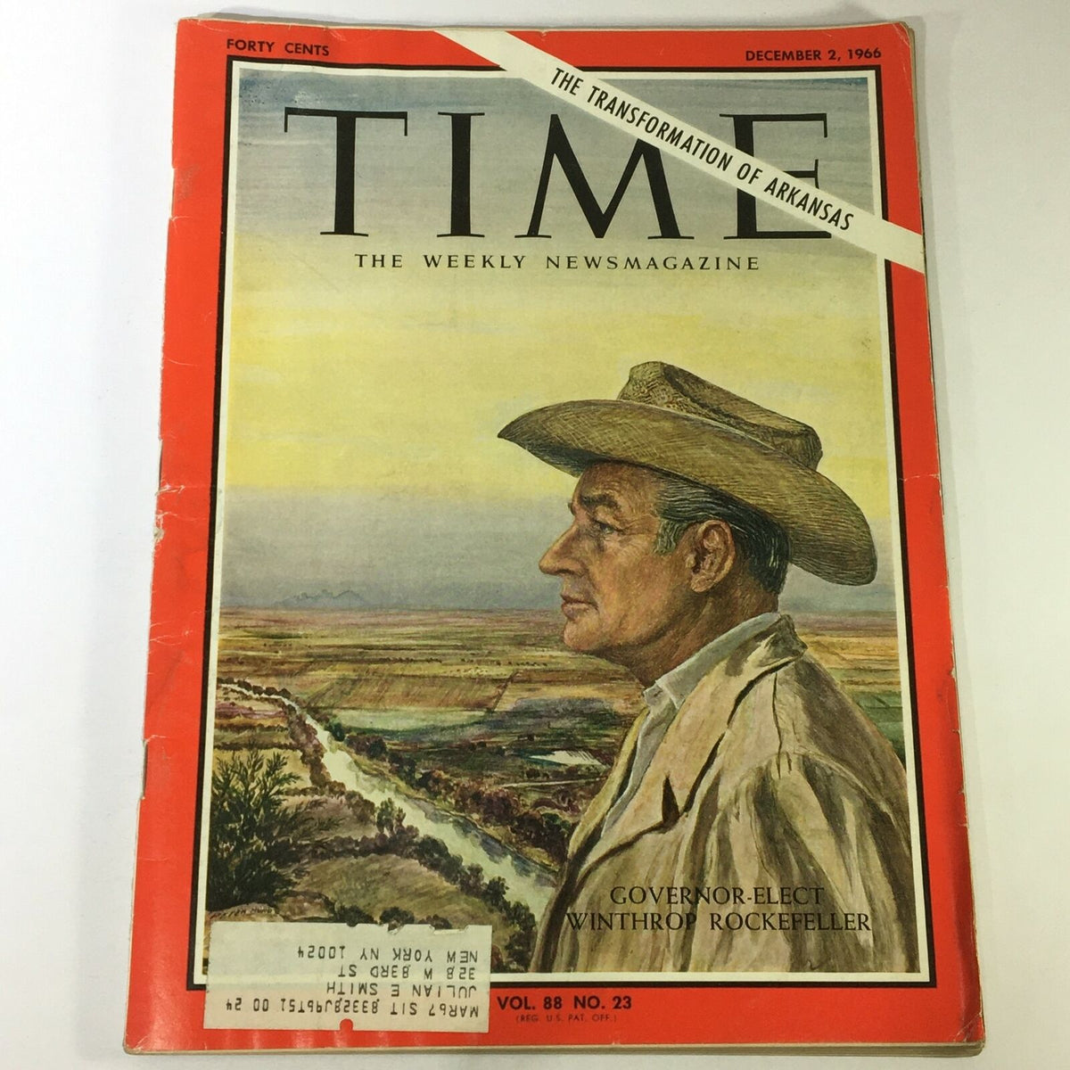 Vintage Time Magazine December 2, 1966 Volume 88 #23 featuring an illustration of Governor Winthrop Rockefeller on the cover. The magazine showcases the transformation of Arkansas with a scenic background, capturing the essence of 1960s political culture.
