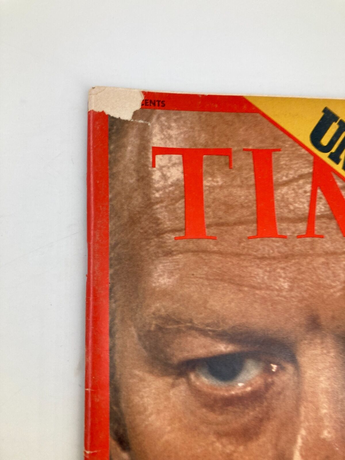 Detailed view of the corner of VTG Time Magazine September 23, 1974, with Gerald Ford on the cover, highlighting condition details with minor wear and tear.