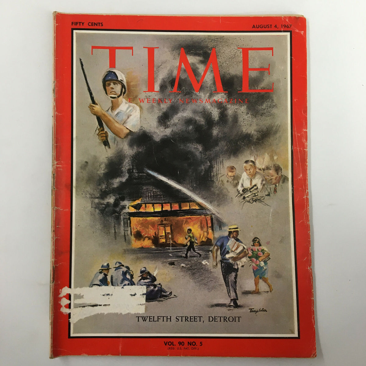 Cover of Time Magazine from August 4, 1967, featuring Twelfth Street in Detroit with dramatic illustrations of a historical scene.