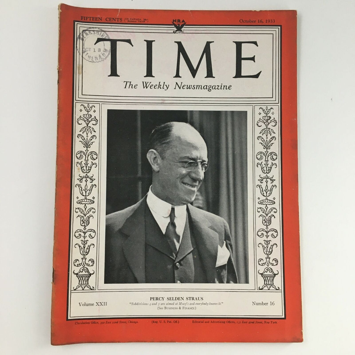 Cover of Time Magazine from October 16, 1933, featuring philanthropist Percy Selden Straus, Volume 22, Number 16, depicting a portrait of Straus with an elegant border design.