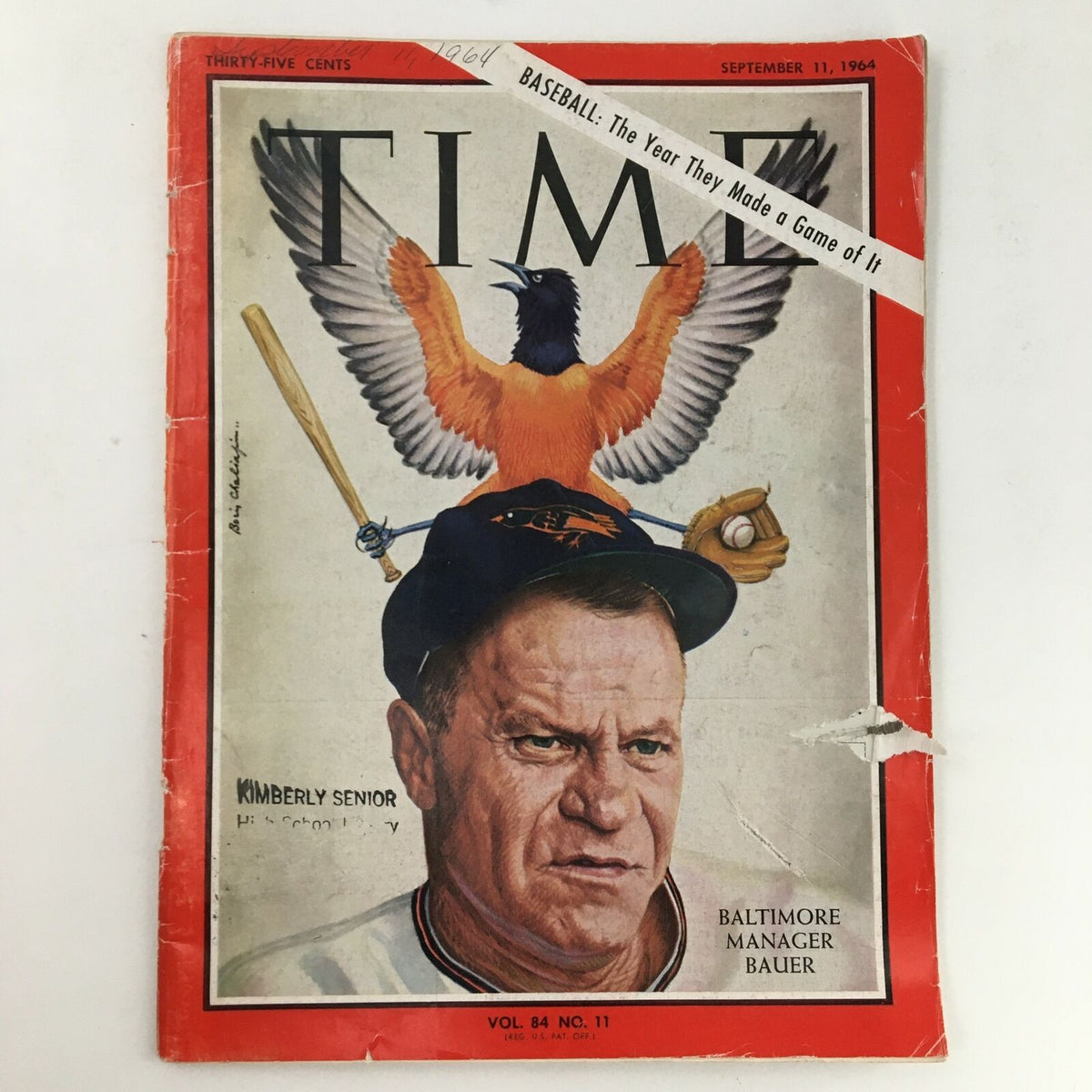 Time Magazine September 11 1964 cover featuring Baltimore MLB manager Hank Bauer, showcasing vintage sports memorabilia with artistic depiction of a bird and baseball bat.