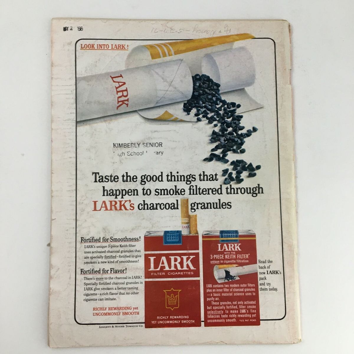 Back cover of Time Magazine from September 11, 1964, featuring an advertisement for Lark Filter Cigarettes.