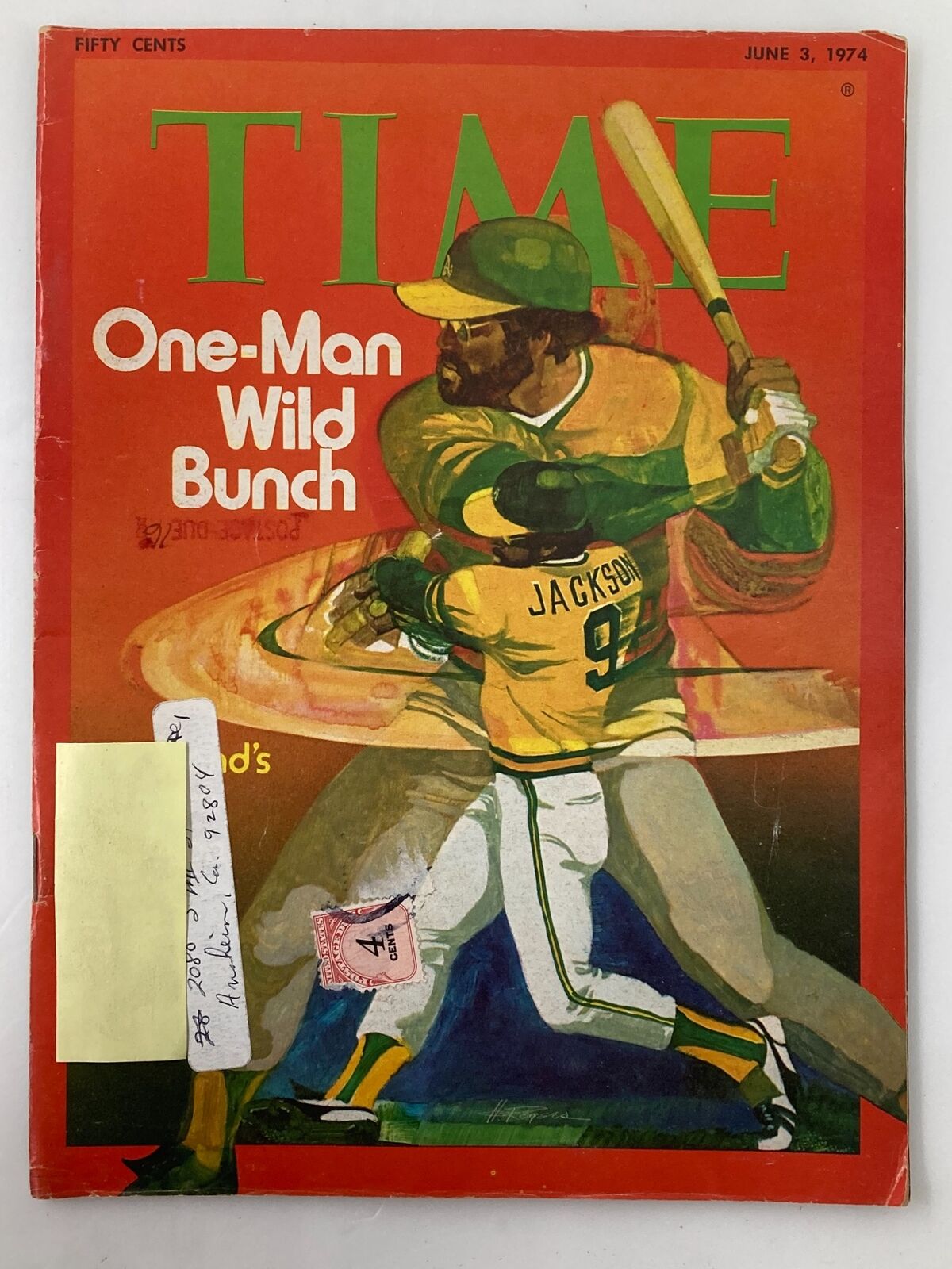 Cover of VTG Time Magazine from June 3, 1974 featuring Reggie Jackson, titled 'One-Man Wild Bunch', showcasing a vibrant illustration of Jackson in action with a baseball bat.