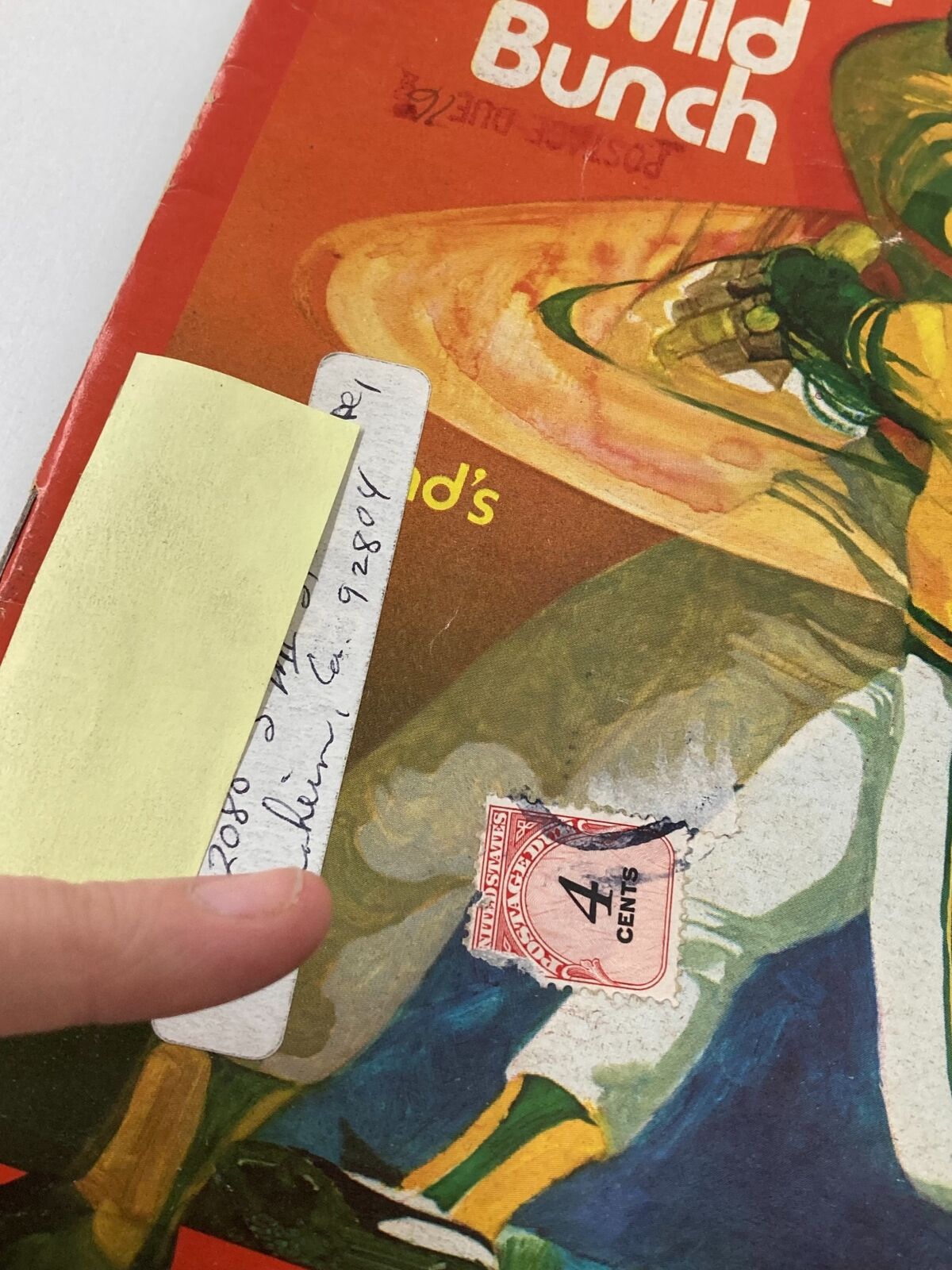 Close-up view of the VTG Time Magazine cover from June 3, 1974, highlighting the address label and a 4 cents postage stamp, related to Reggie Jackson as 'One-Man Wild Bunch'.
