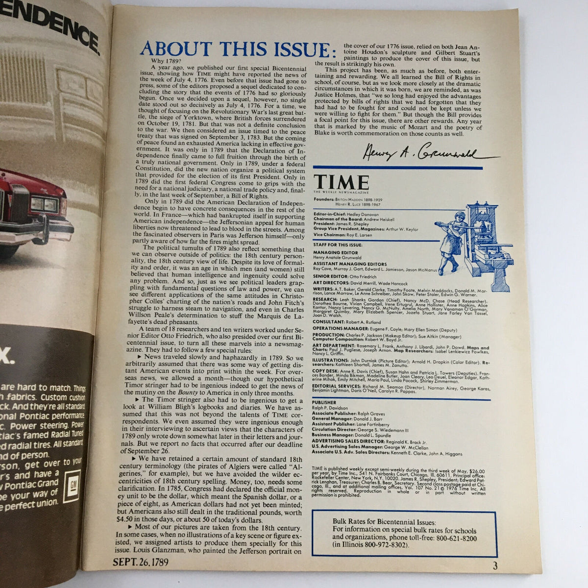Inside page of Time Magazine dated September 26 1789, detailing the special bicentennial issue and historical context.