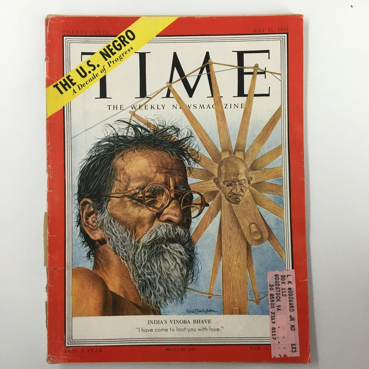 VTG Time Magazine May 11 1953 cover featuring India's Vinoba Bhave, showcasing a prominent illustration of Bhave alongside a historical perspective on civil rights movements.