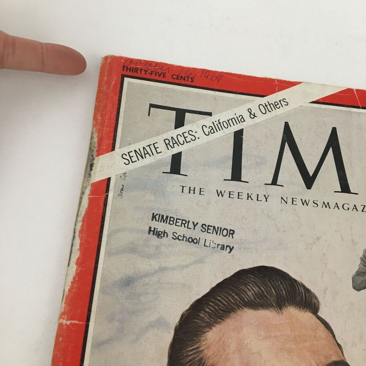 Close-up of Time Magazine October 16 1964 cover with focus on the title and subtitle about California Senate races.