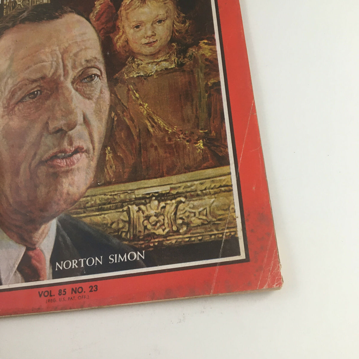Close-up of the cover of Time Magazine June 4, 1965, highlighting the portrait of industrialist Norton Simon, representing a collectible piece from the 1960s.