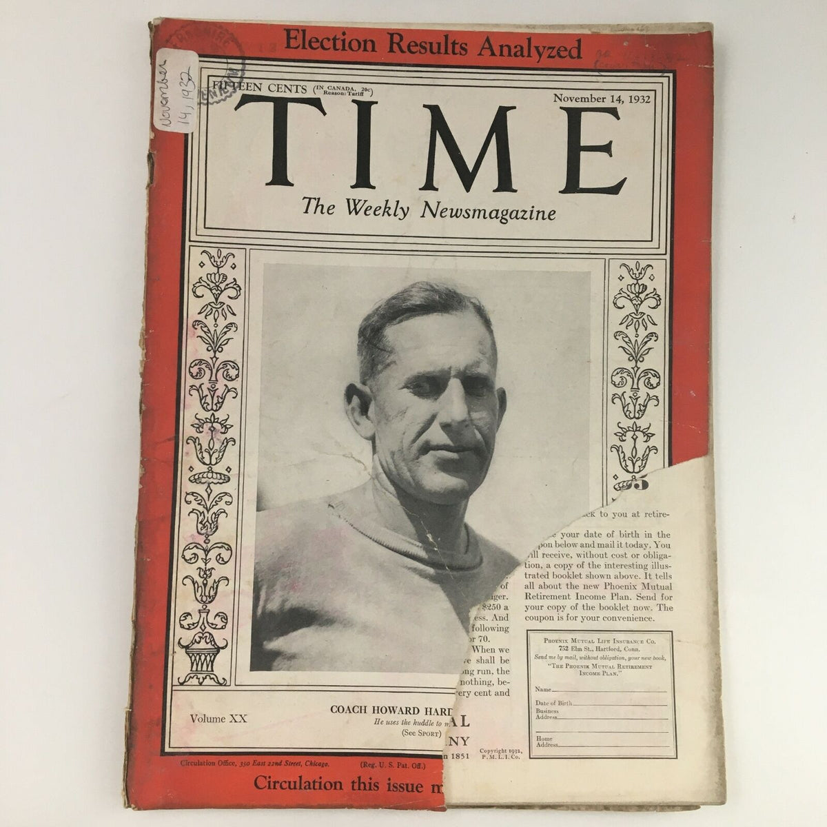 Cover of Time Magazine from November 14, 1932, featuring American football coach Howard H. Jones, highlighting vintage design and wear typical of historical publications.