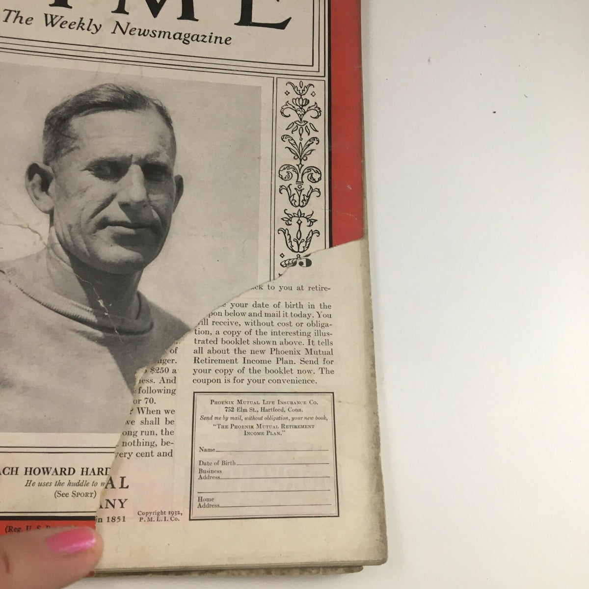 Close-up of Time Magazine cover from November 14, 1932, showcasing American football coach Howard H. Jones, with visible signs of age and unique vintage characteristics.