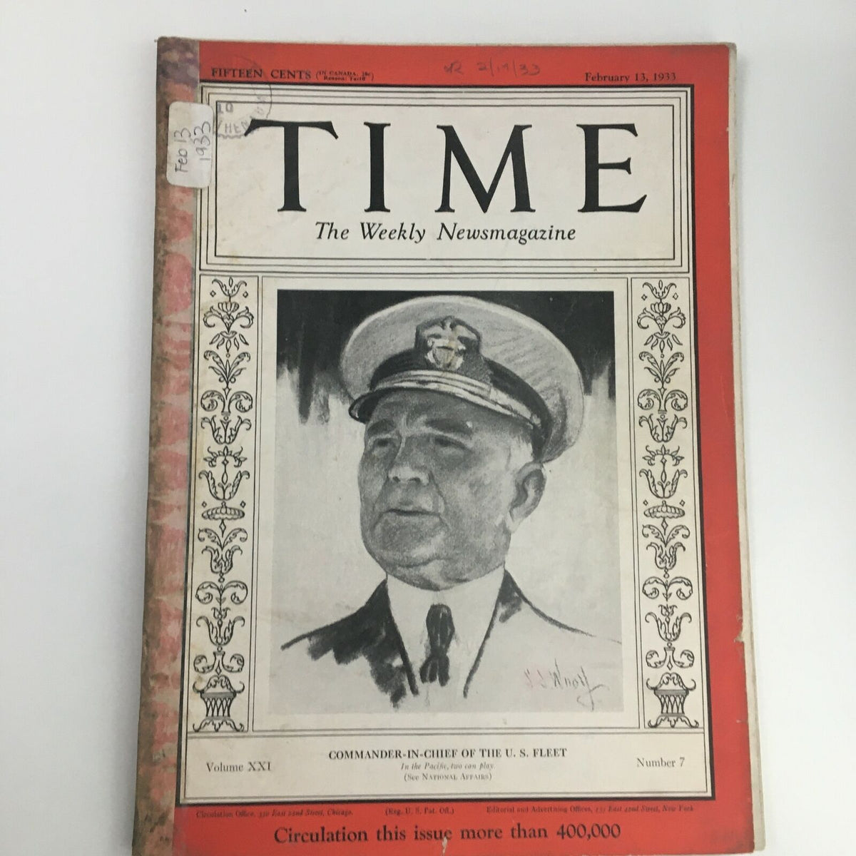 Cover of Time Magazine dated February 13, 1933, featuring Admiral Richard Henry Leigh, Volume 21, Number 7. The cover showcases an artistic portrait of Admiral Leigh, surrounded by decorative elements and text indicating the magazine's details.