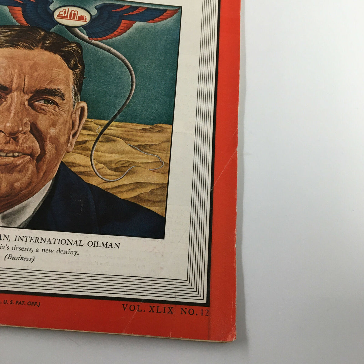 Close-up view of VTG Time Magazine March 24 1947, showcasing the cover art of Eugene Holman, an international oilman, emphasizing the magazine's historical significance and collectible nature.