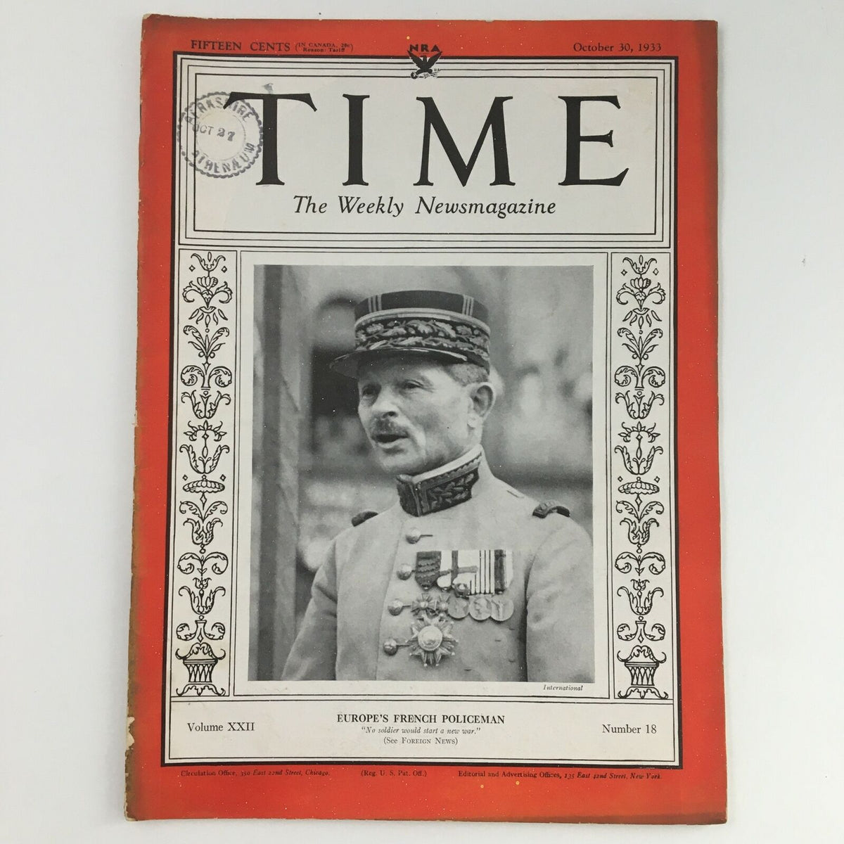 Time Magazine cover from October 30, 1933, Vol 22 #18 featuring French Commander Maxime Weygand, showcasing historical design and the title 'Europe's French Policeman.'
