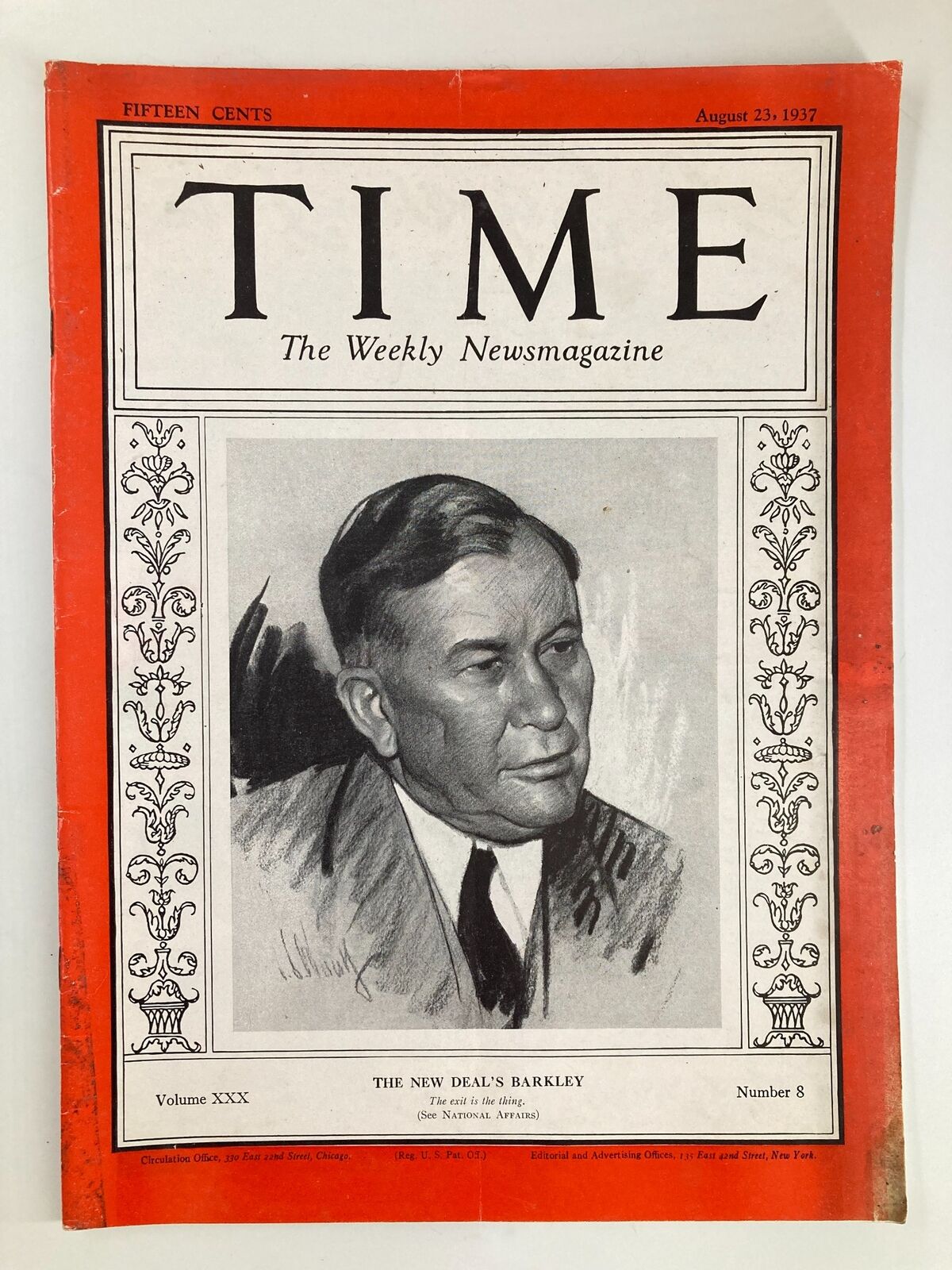 Cover of the vintage Time Magazine from August 23, 1937, Volume 30, Number 8 featuring a portrait related to the New Deal's Barkley.