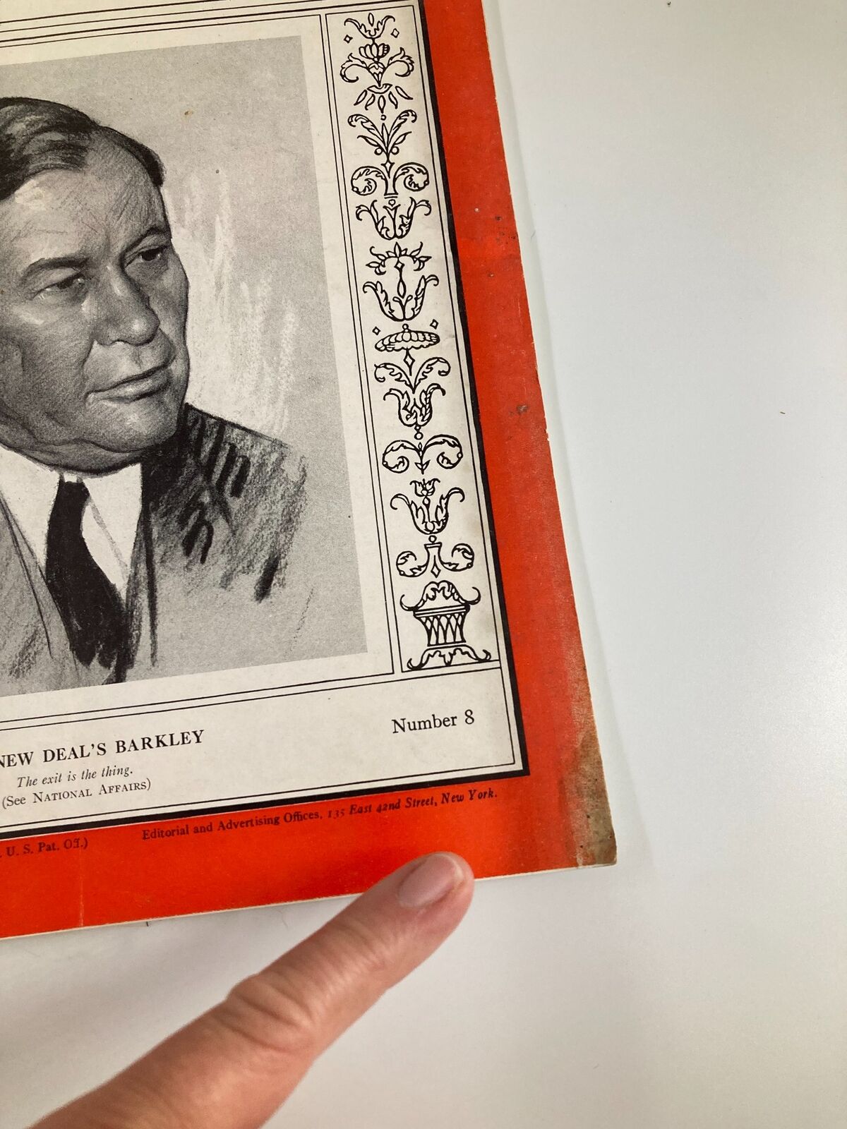 Close-up view of the vintage Time Magazine cover from August 23, 1937, highlighting the title and details of the New Deal's Barkley.
