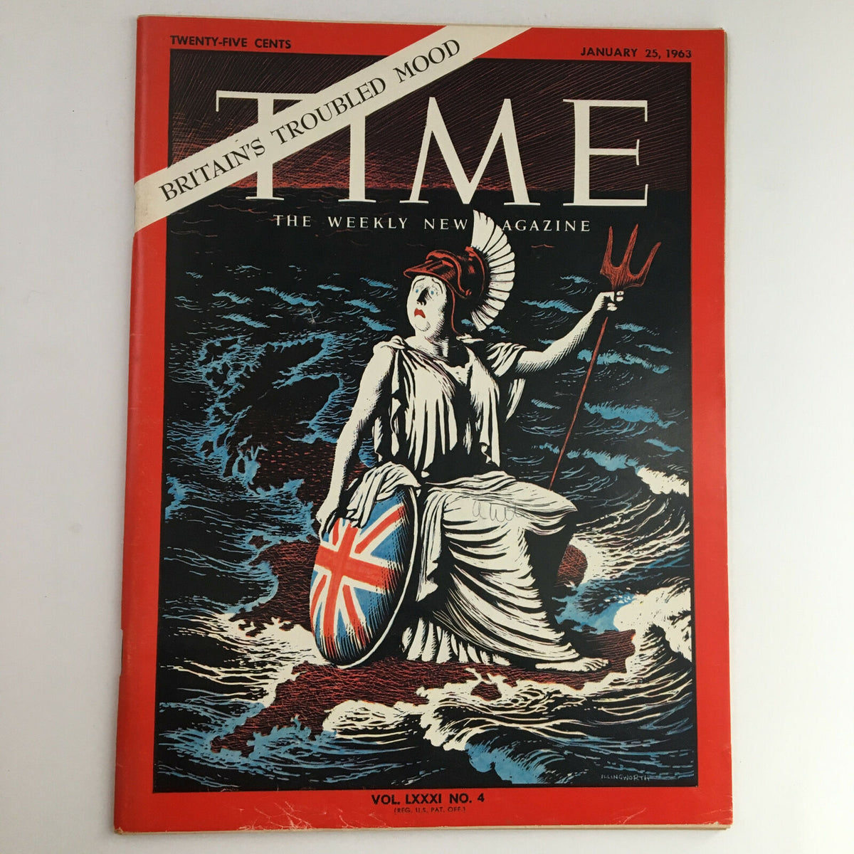 Time Magazine January 25 1963, Vol 81 #4, featuring a striking cover illustration depicting Britannia amidst tumultuous waters, highlighting 'Britain's Troubled Mood'.