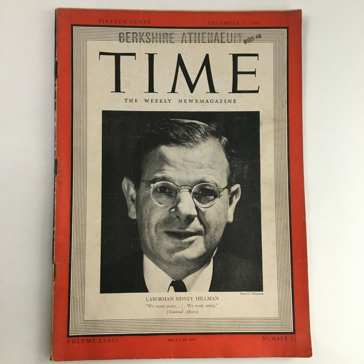 Cover of Time Magazine from December 2, 1940, featuring political labor leader Sidney Hillman, Volume 36, Issue 23, showcasing his influential role during early World War II.