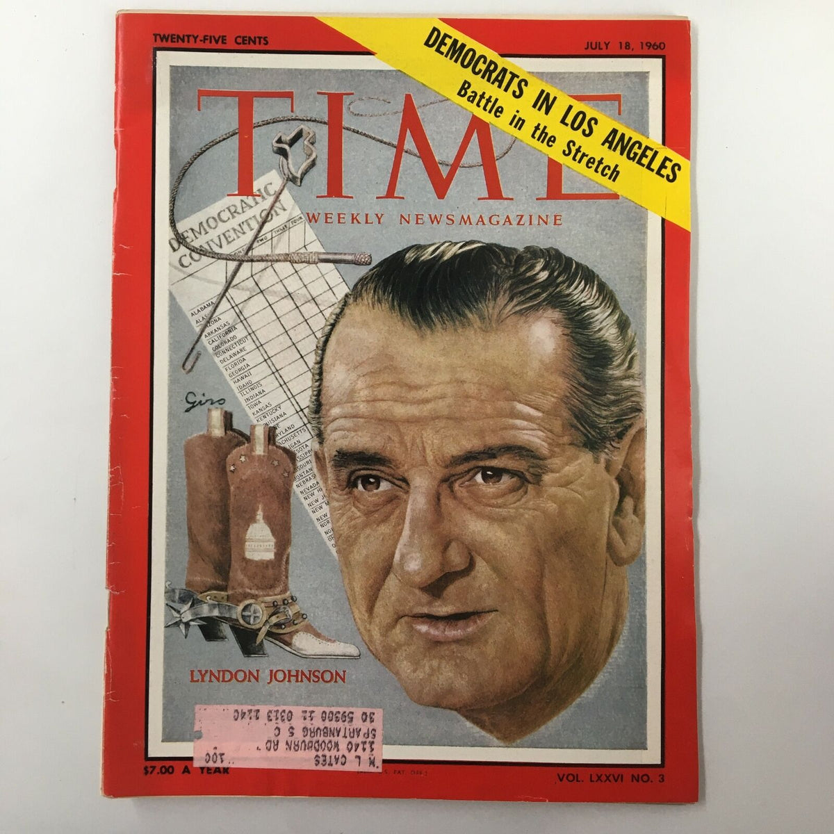 Vintage Time Magazine cover from July 18, 1960 featuring Lyndon B. Johnson with a headline about the Democratic National Convention in Los Angeles. Captures an important moment in American political history.