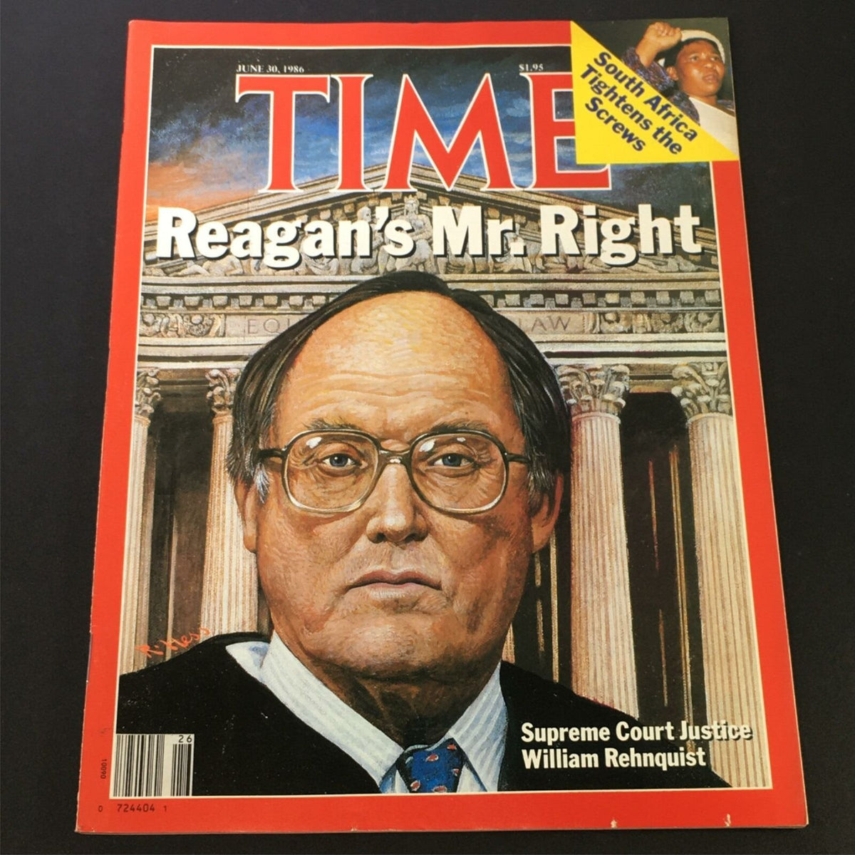 Front cover of Time Magazine from June 30, 1986, featuring Supreme Court Justice William Rehnquist, known as 'Reagan's Mr. Right', showcasing iconic legal and political themes of the 1980s.