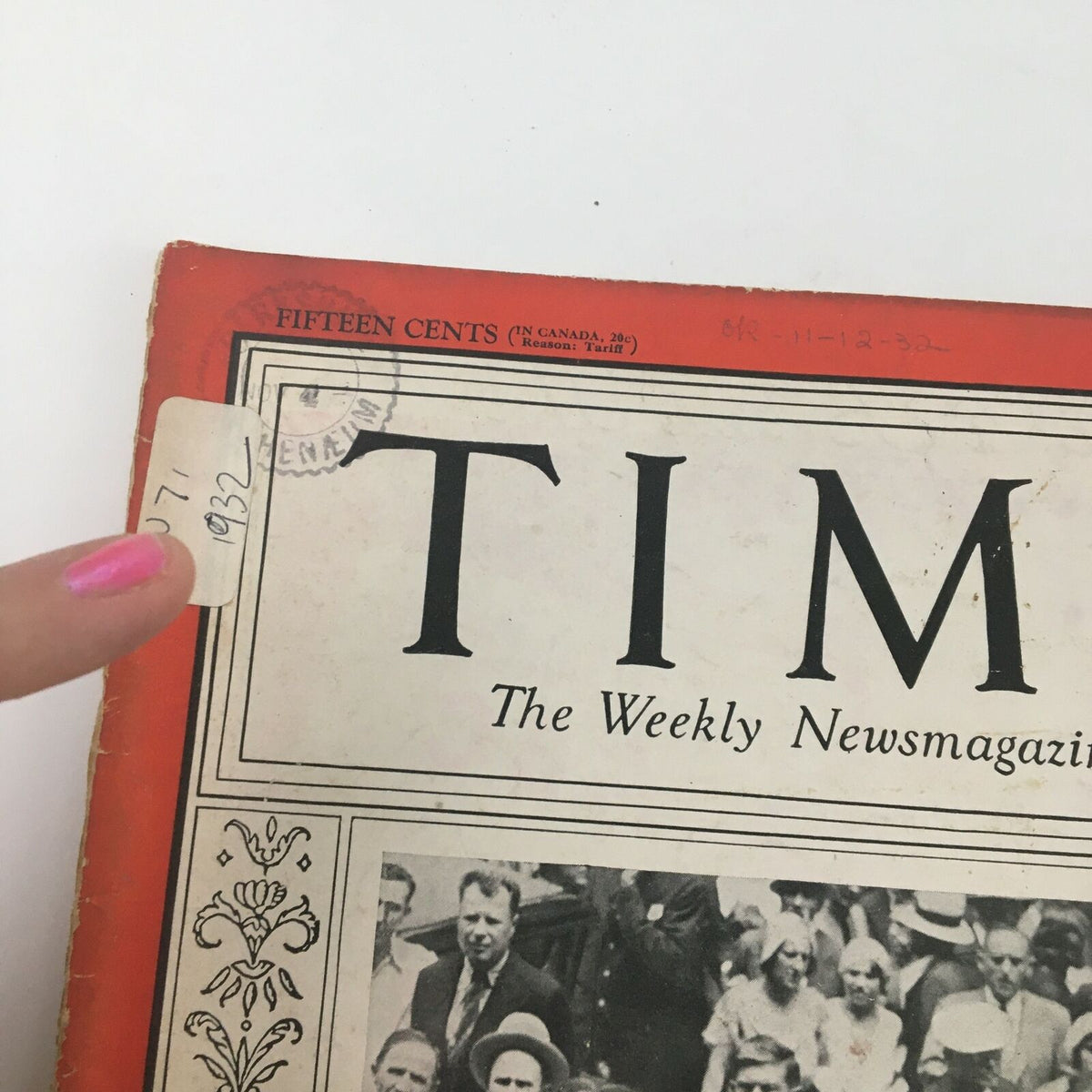 Close-up of Time Magazine November 7, 1932, Volume 20, Issue #19, highlighting the date sticker and publication information.