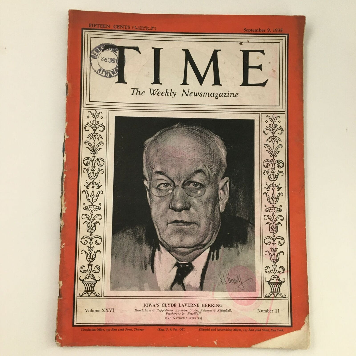Cover of Time Magazine dated September 9, 1935, featuring American Senator Clyde Laverne Herring. The magazine includes historical context from the mid-1930s with a distinctive illustration of Herring.