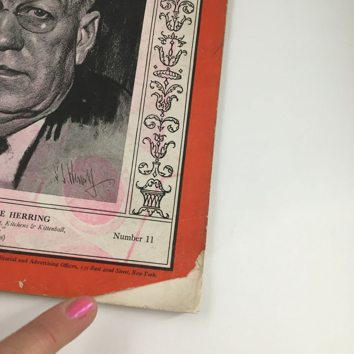 Detail of the back cover of Time Magazine September 9, 1935 highlighting the magazine’s age and minor wear, including an address label.
