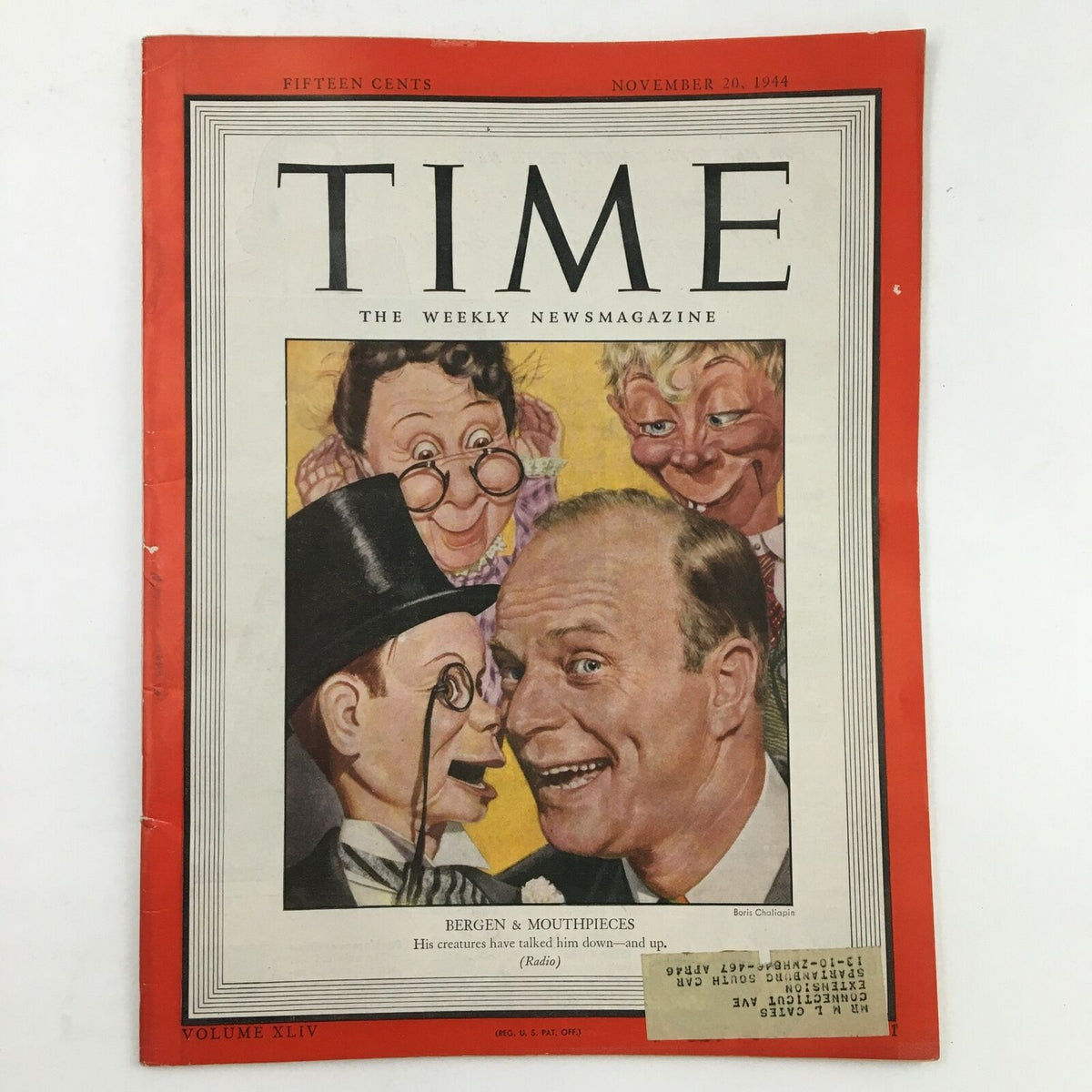 Cover of Time Magazine dated November 20, 1944, featuring Edgar Bergen and his ventriloquist puppets, showcasing vibrant illustrations and historical context.
