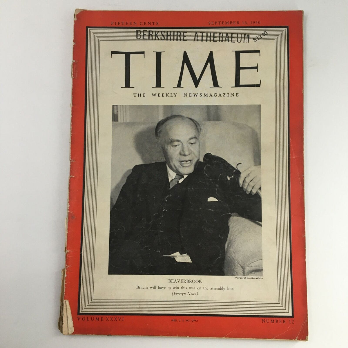 Cover of Time Magazine September 16 1940, Vol 36 No 12 featuring Max Aitken, 1st Baron Beaverbrook, showcasing classic vintage design and historical significance.